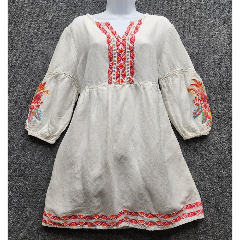 Tommy Bahama Women's Linen Blend Embroidered Boho Peasant Shift Dress Medium